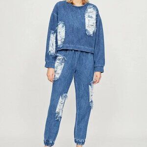 Designer Fall/Winter 2018 RTW Collection Distressed Denim Top/Sweater Blue S